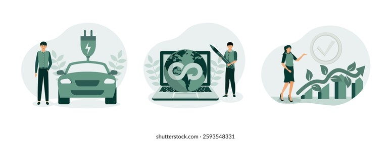 Electric car with a plug located on top, surrounded by leaves. Human representing the integrated effort for future development. Women near Green Chart Analogy focuses on eco friendly strategies. 