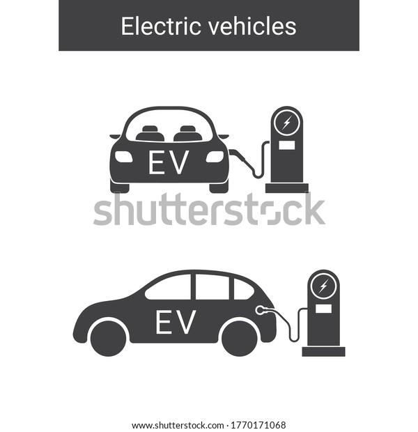 Electric car with plug symbol and\
electrical charging station icon. Hybrid Vehicle symbol. Eco\
friendly auto or electric vehicle concept. Isolated on white\
background. Vector\
illustration.