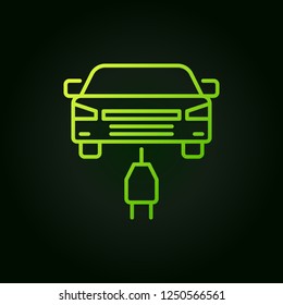 Electric car with plug vector green icon or symbol in outline style on dark background