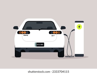 Electric car plugged in to a charging station, green energy, no pollution