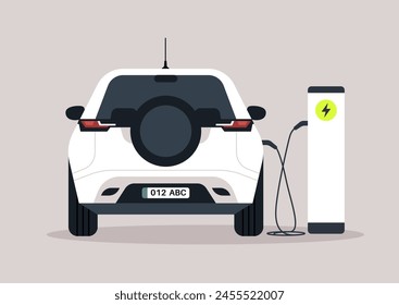 Electric car plugged in to a charging station, green energy, no pollution