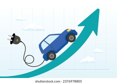 Electric car with plug-in cruising on rising up green stock market arrow graph, electric car stock price soaring, EV, electric vehicle earning and profit increase in new economy stock market (Vector)