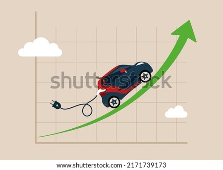 Electric car with plug-in cruising on rising up green stock market arrow graph. Electric car stock pice soaring, EV, electric vehicle earning and profit increase in new economy stock market.