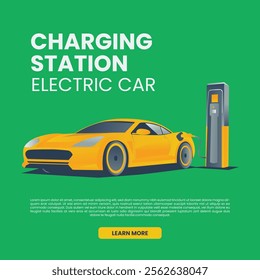 electric car poster with charging station. flat design illustration