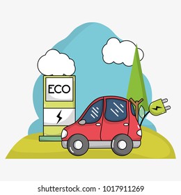 electric car with power cable and energy recharge station