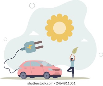 Coche eléctrico con cable de alimentación y enchufe eléctrico con árbol natural y Ilustración vectorial sun.flat.