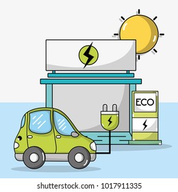 electric car with power cable and recharge station