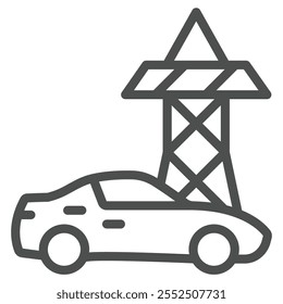 Electric car and power line line icon, Electricity concept. Vector graphics. Automobile and tower sign on white background, outline style icon for mobile or web design