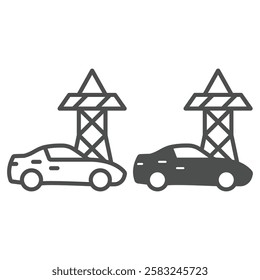 Electric car and power line line and solid icon, Electricity concept. Vector graphics. Automobile and tower sign on white background, outline style icon for mobile or web design