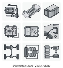 Electric car powertrain and internal technical component diagrams.