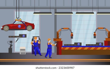 Electric car production factory vector illustration. Labor workers managing process of electric battery production for charging vehicles. Ecology, electric car popularization concept