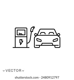 electric car pump icon, charging at charger station, auto hybrid plug, green energy concept, thin line symbol isolated on white background, editable stroke eps 10 vector illustration