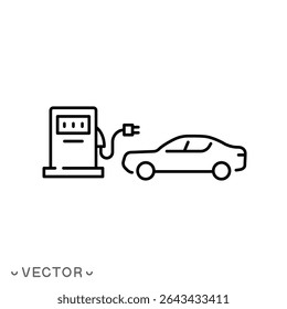 ícone de bomba de carro elétrico, energia verde, auto plug híbrido, carregamento no conceito de estação de carregador, símbolo de linha fina isolado no fundo branco, traço editável eps 10 ilustração vetorial