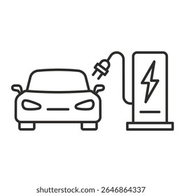 Ícone da bomba de carro elétrico. Ilustração de vetor linear. Estação de carregamento. Plugue automático híbrido. Símbolos simples. Carregando energia verde.