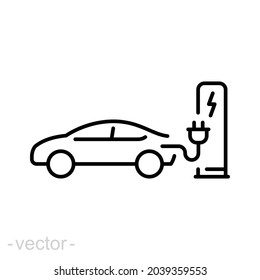 Electric car pump line icon. Outline style. Charge, green energy, hybrid, plug, charger, battery, lightning mark, auto concept. Vector illustration isolated on white background editable stroke EPS 10