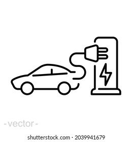Electric car pump line icon. Outline style. Charge, green energy, hybrid, plug, charger, battery, lightning mark, auto concept. Vector illustration isolated on white background editable stroke EPS 10