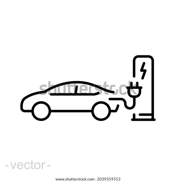 Electric car pump line icon. Outline style. Charge,\
green energy, hybrid, plug, charger, battery, lightning mark, auto\
concept. Vector illustration isolated on white background editable\
stroke EPS 10
