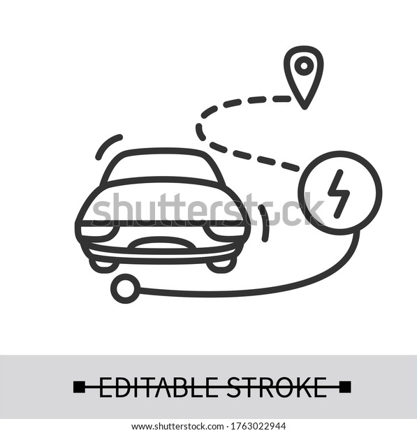 Electric car range icon. Personal vehicle\
with location and power linear pictogram. Concept of range anxiety,\
battery life limit and long distance drive fear. Editable stroke\
vector illustration