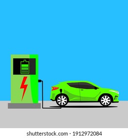 The electric car is ready to plug in the charging cable at the charging station.