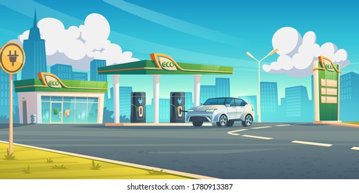 Electric car recharge station, ev refueling service in city of future, hybrid vehicle at battery charger on cityscape background, eco energy fuel selling for urban auto, Cartoon vector illustration