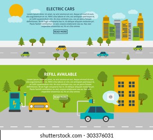 Electric car and refill available or charging station flat color horizontal banner set isolated vector illustration