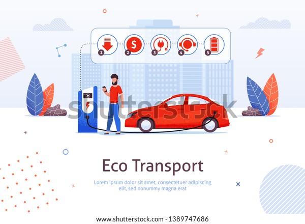 Electric Car in Refill Banner. Refueling\
Vector Illustration. Eco Transport. Concept of Nature Saving and\
New Technology. Man Waiting with Mobile Phone. Charging Modern\
Electro Car at\
E-station.