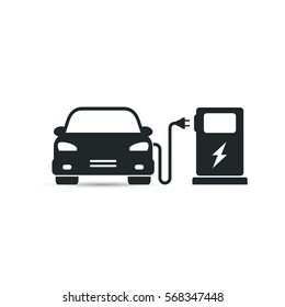 Electric car in refill icon, vector. Electric refueling. Eco transportation.