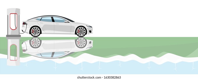 Electric car is reflected in a green landscape with wind turbines. Vector illustration