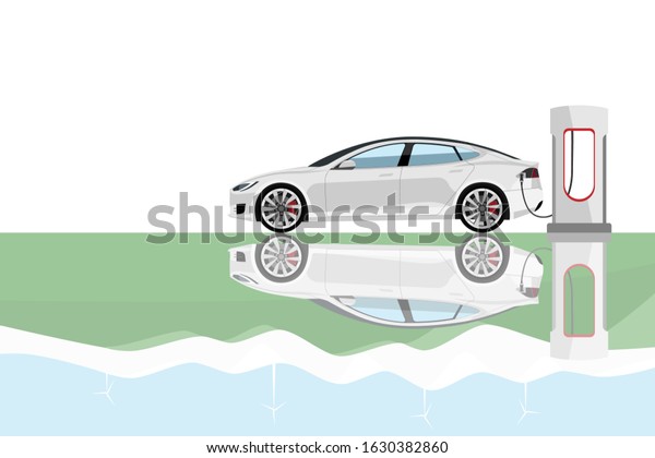 Electric car is reflected in a green\
landscape with wind turbines. Vector\
illustration