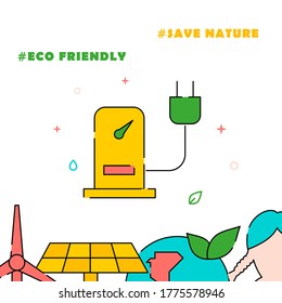 Electric car refueling filled line vector icon, simple illustration, related bottom border.