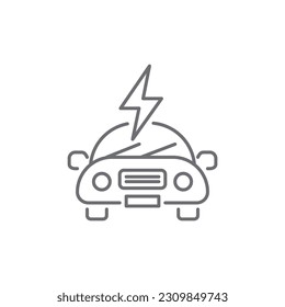 Electric car related vector linear icon. Eco friendly auto. Green vehicle. Automobile with lightning. Vector outline illustration Isolated on white background. Editable stroke