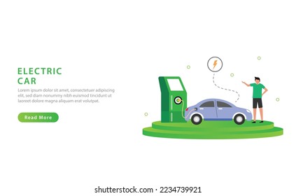 Electric car with renewable energy concept. Eco friendly vehicle and sustainable transportation. Vector illustration