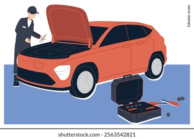 electric car repair service, mechanic repairing fixing motor. vector illustration logo icon of electric vehicle, tool box and mechanic fixing auto engine 