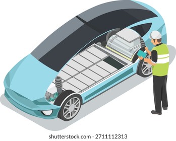 Electric Car Research and Development Manufacturing Engineer .  EV car Motor and lithium battery li ion pack isometric Isolated vector illustration.