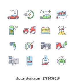 Electric car RGB color icons set. Environmentally safe automobile, alternative transport. Modern technology, electric motor vehicles. Isolated vector illustrations