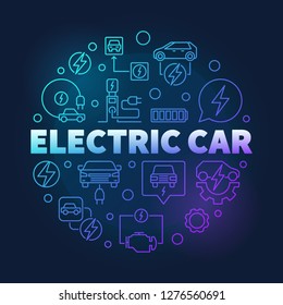 Electric car round vector blue colored illustration in thin line style on dark background