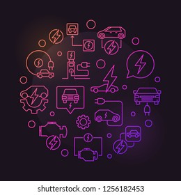 Electric car round vector colorful illustration made with EV and charging station outline icons on dark background