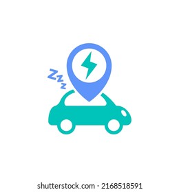 electric car running out of battery energy need charging spot station location icon vector illustration. EV vehicle sleep mode with pin map symbol graphic design.