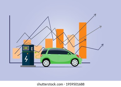 Electric car sale vector concept. Electric car with growing financial chart