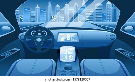 Electric car salon interior, interface design. Electric vehicle dashboard of smart car. Vehicle App UI. Graphical User interface for electric car. 