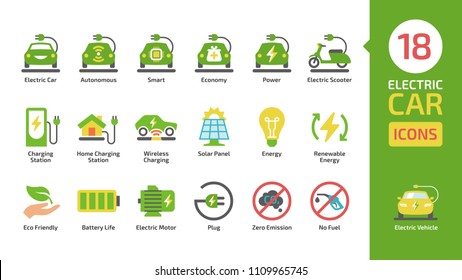 Electric car and scooter color icon set with charger station, battery power and plug. Eco friendly vehicle colorful pictogram collection.