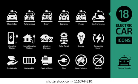 Electric car and scooter shape icon set on a black background with charging station, solar penel, renewable energy, eco friendly, battery life, zero emission, no fuel.