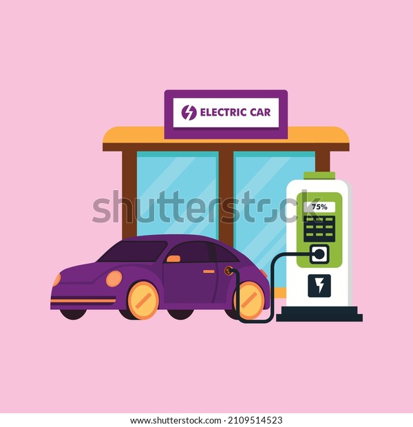 Electric car self service charging  at the\
charger station. Vector\
illustration.