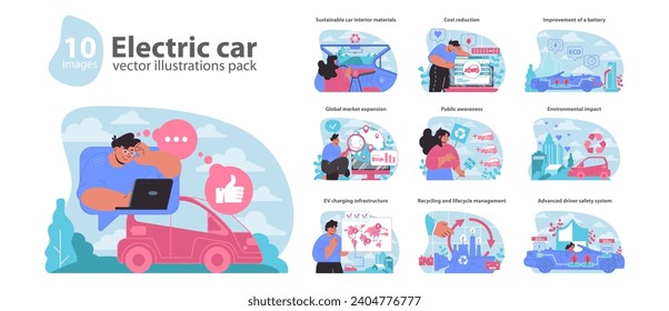 Electric car set. Advancing eco-friendly transport solutions. Showcasing renewable energy benefits, sustainable driving innovations. Flat vector illustration.