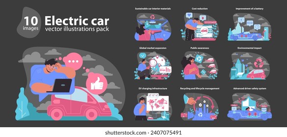 Electric car set. Advancing eco-friendly transport solutions. Showcasing renewable energy benefits, sustainable driving innovations. Flat vector illustration.