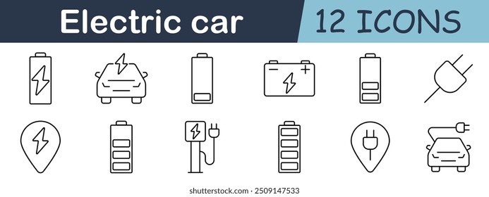 Electric car set icon. Battery, charging station, plug, vehicle, electric power, energy, eco-friendly, charging point, mobility, sustainability, power supply, transportation, environment, green tech