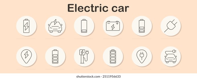 Electric car set icon. Battery, charging, electric vehicle, power, energy, eco-friendly, electric car icons, neomorphic style, transportation