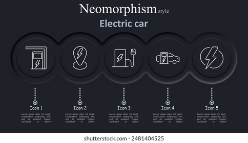 Electric car set icon. Charger, location, plug, vehicle, power, energy, station, green, transport, eco, automobile, electric, charging, vector, illustration, neomorphism, icons.