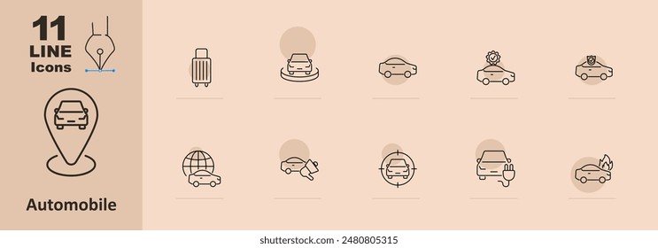 Icono de coche eléctrico. Estación de carga, relámpago, enchufe eléctrico, coche eléctrico, velocímetro, eco house, batería, cable de carga. Vehículo eléctrico y energías renovables