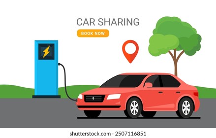 Electric car sharing concept. Red car at charging station with location pin and booking option.